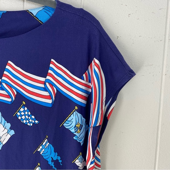 J McLaughlin Blue Nautical Flag Print Catalina Cloth Short Sleeve Top Sz Medium* - Picture 5 of 12